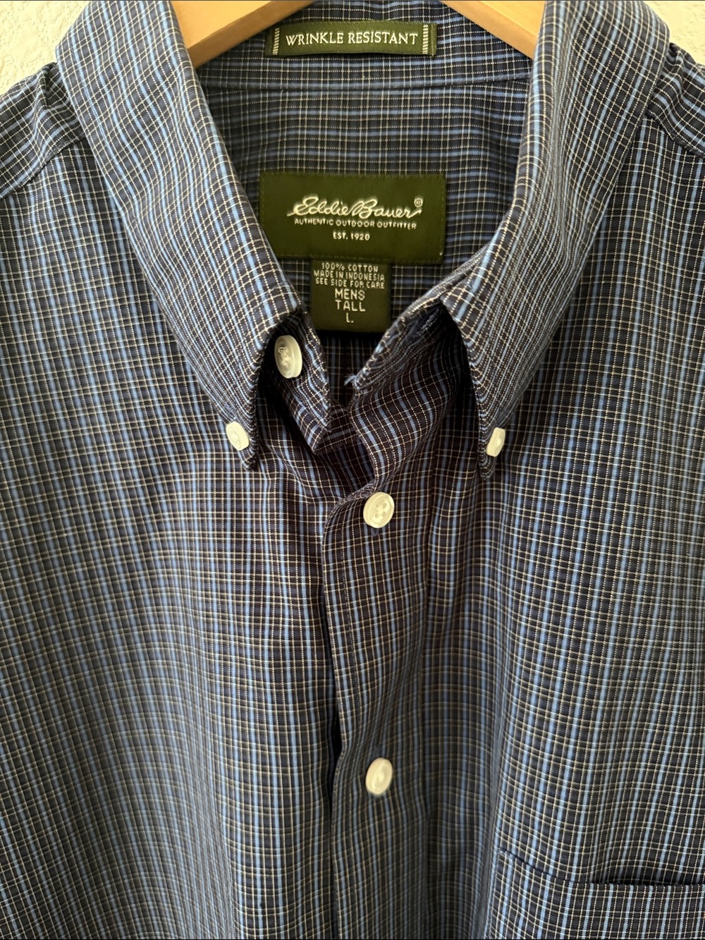 Eddie Bauer 100% Cotton Blue/White Micro-Plaid Button-Down Shirt, Large Tall